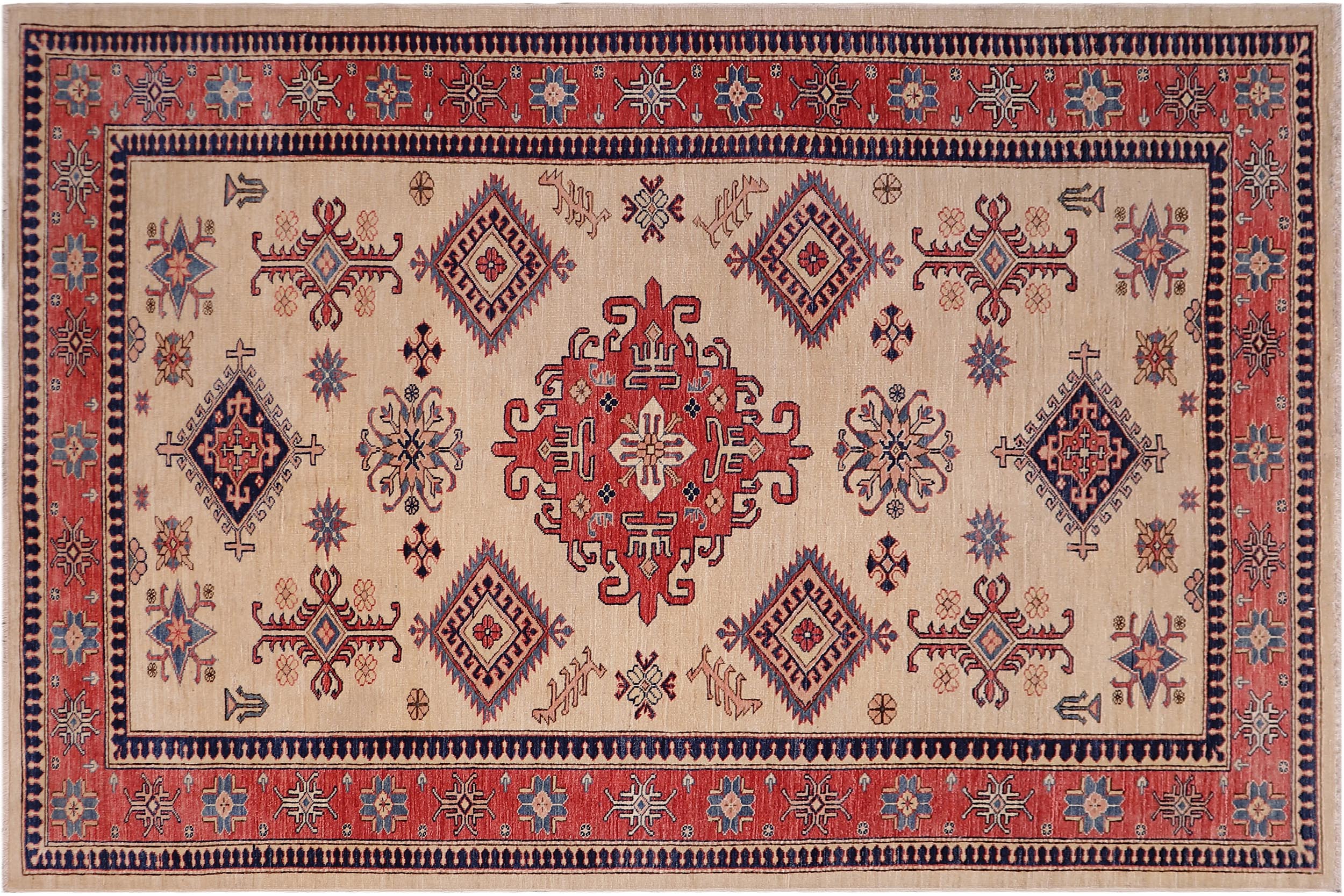 handmade Geometric Super Kazak Lt. Gold Pink Hand Knotted RECTANGLE 100% WOOL area rug 5' x 8'