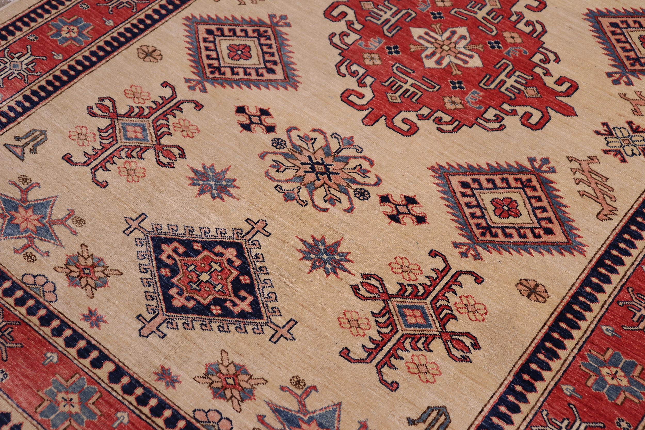 handmade Geometric Super Kazak Lt. Gold Pink Hand Knotted RECTANGLE 100% WOOL area rug 5' x 8'