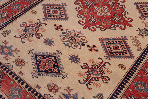 handmade Geometric Super Kazak Lt. Gold Pink Hand Knotted RECTANGLE 100% WOOL area rug 5' x 8'