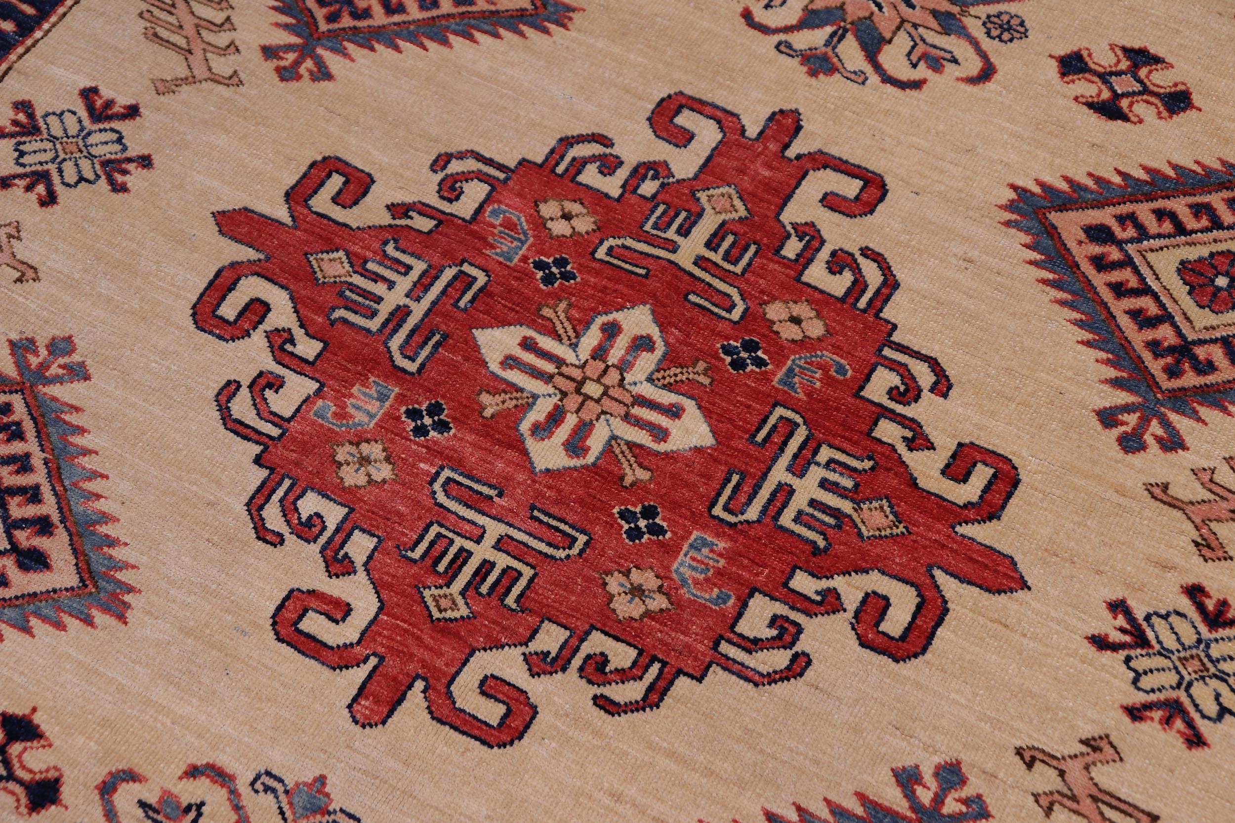 handmade Geometric Super Kazak Lt. Gold Pink Hand Knotted RECTANGLE 100% WOOL area rug 5' x 8'