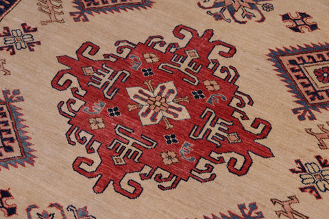 handmade Geometric Super Kazak Lt. Gold Pink Hand Knotted RECTANGLE 100% WOOL area rug 5' x 8'