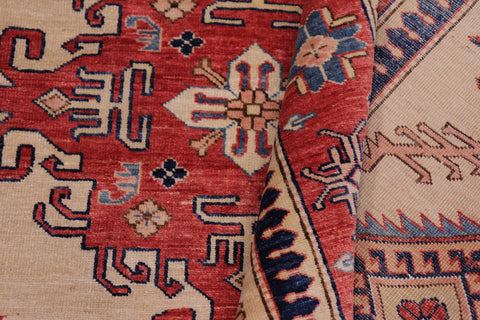 handmade Geometric Super Kazak Lt. Gold Pink Hand Knotted RECTANGLE 100% WOOL area rug 5' x 8'