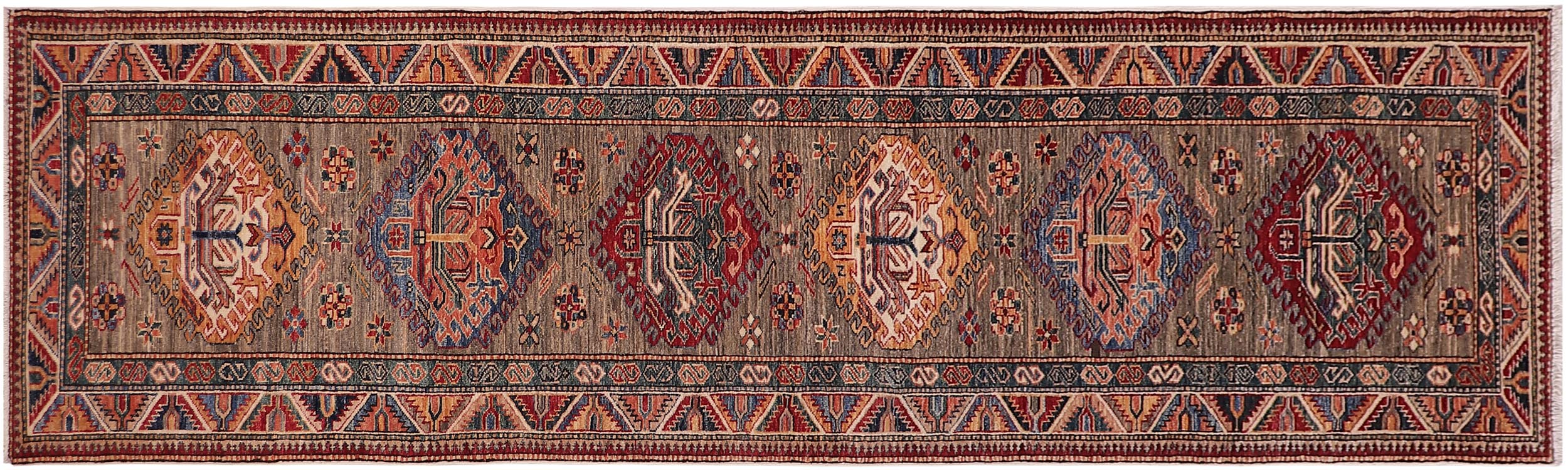 handmade Geometric Super Kazak Gray Multi Hand Knotted RUNNER 100% WOOL area rug 3' x 10'