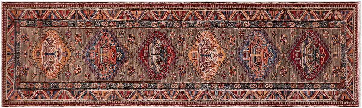 handmade Geometric Super Kazak Gray Multi Hand Knotted RUNNER 100% WOOL area rug 3' x 10'