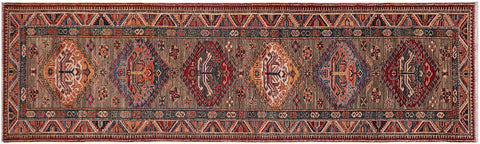 handmade Geometric Super Kazak Gray Multi Hand Knotted RUNNER 100% WOOL area rug 3' x 10'