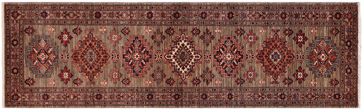 handmade Geometric Super Kazak Gray Gray Hand Knotted RUNNER 100% WOOL area rug 3' x 10'