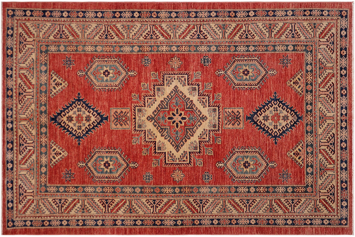 handmade Geometric Super Kazak Rust Beige Hand Knotted RECTANGLE 100% WOOL area rug 5' x 8'