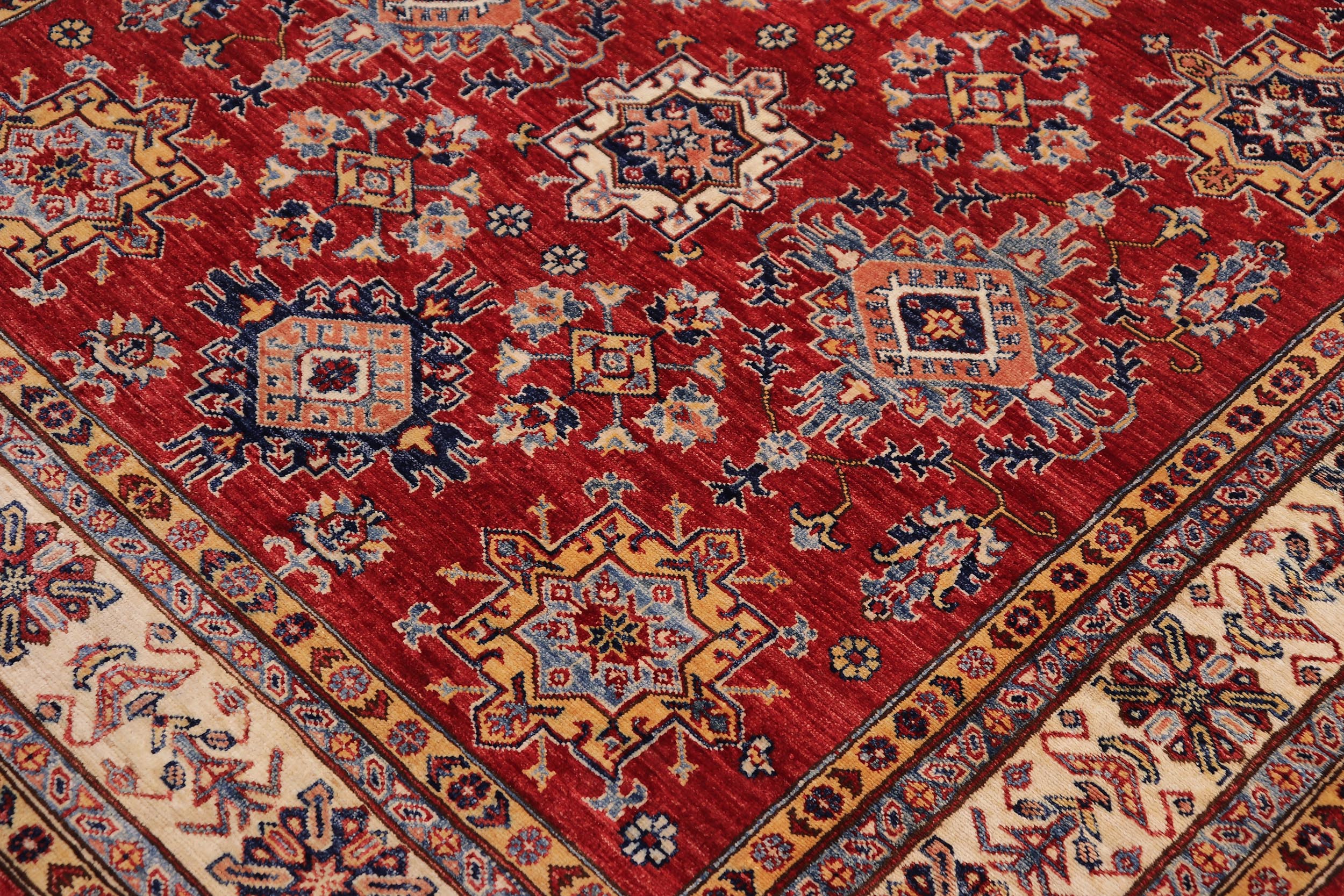 handmade Geometric Super Kazak Red Beige Hand Knotted RECTANGLE 100% WOOL area rug 6' x 9'