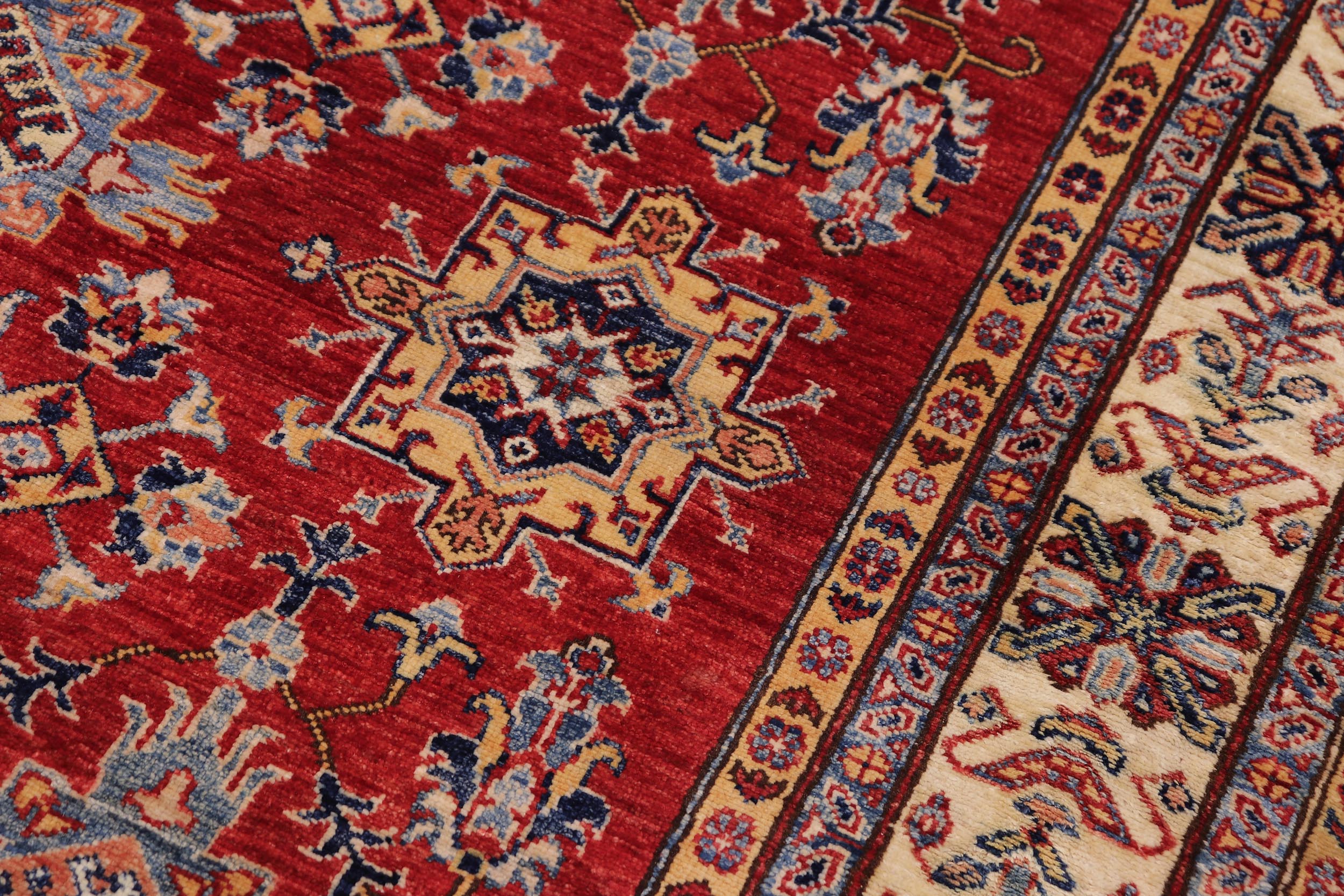 handmade Geometric Super Kazak Red Beige Hand Knotted RECTANGLE 100% WOOL area rug 6' x 9'