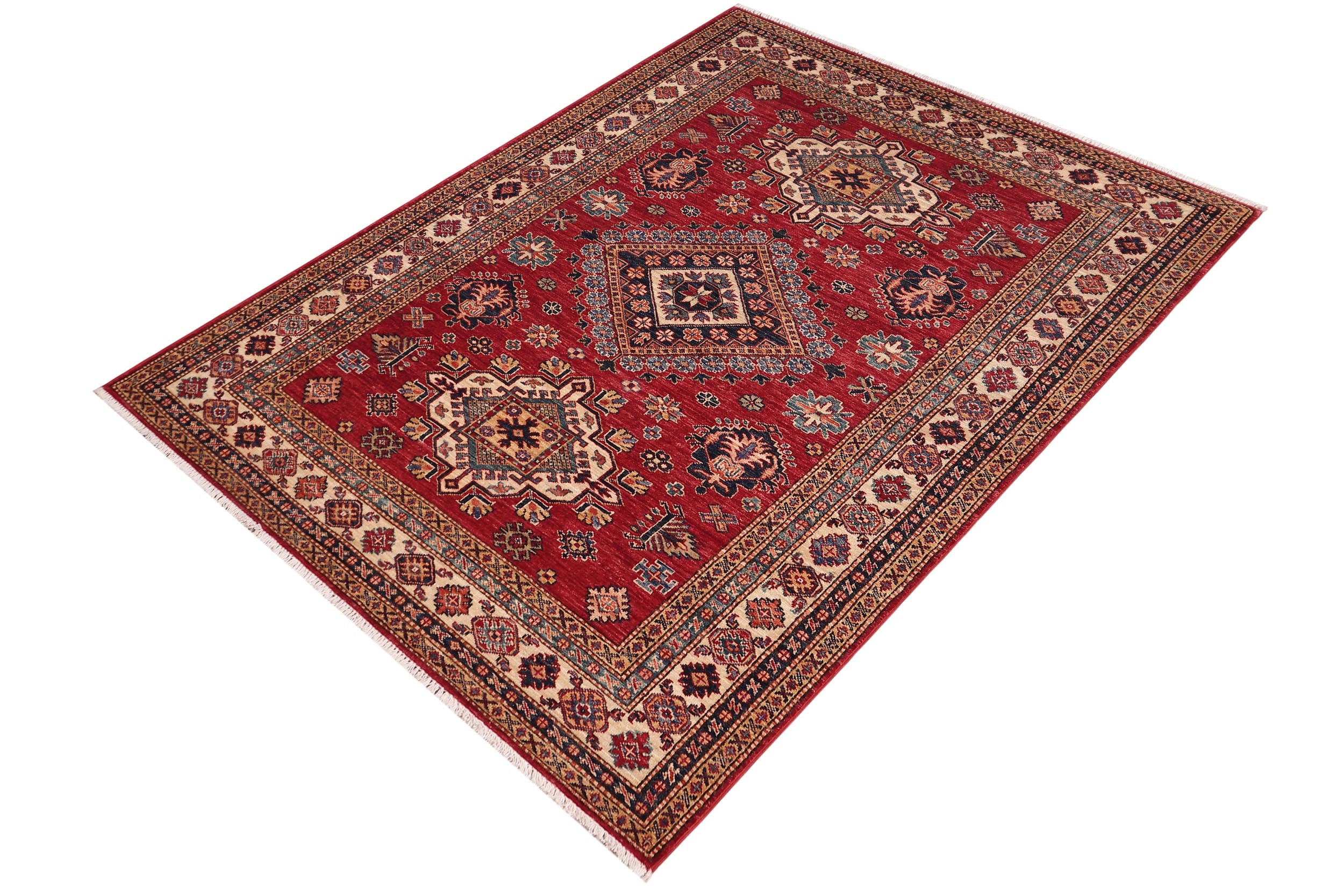 handmade Geometric Super Kazak Red Beige Hand Knotted RECTANGLE 100% WOOL area rug 5' x 7'