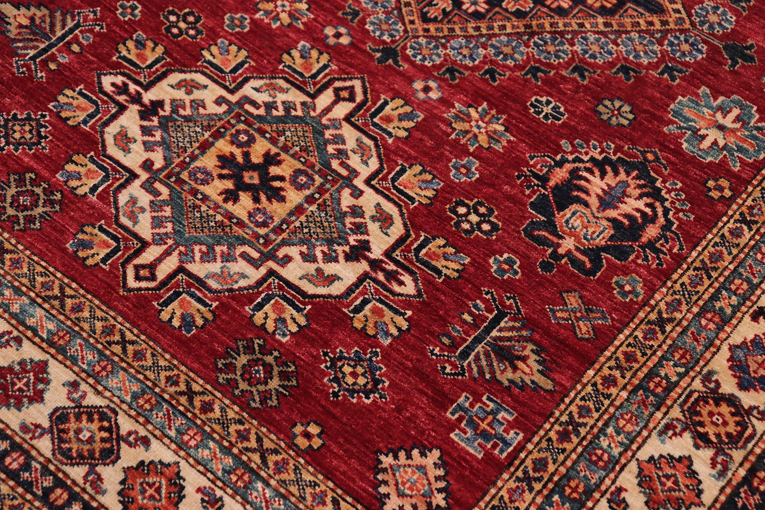 handmade Geometric Super Kazak Red Beige Hand Knotted RECTANGLE 100% WOOL area rug 5' x 7'