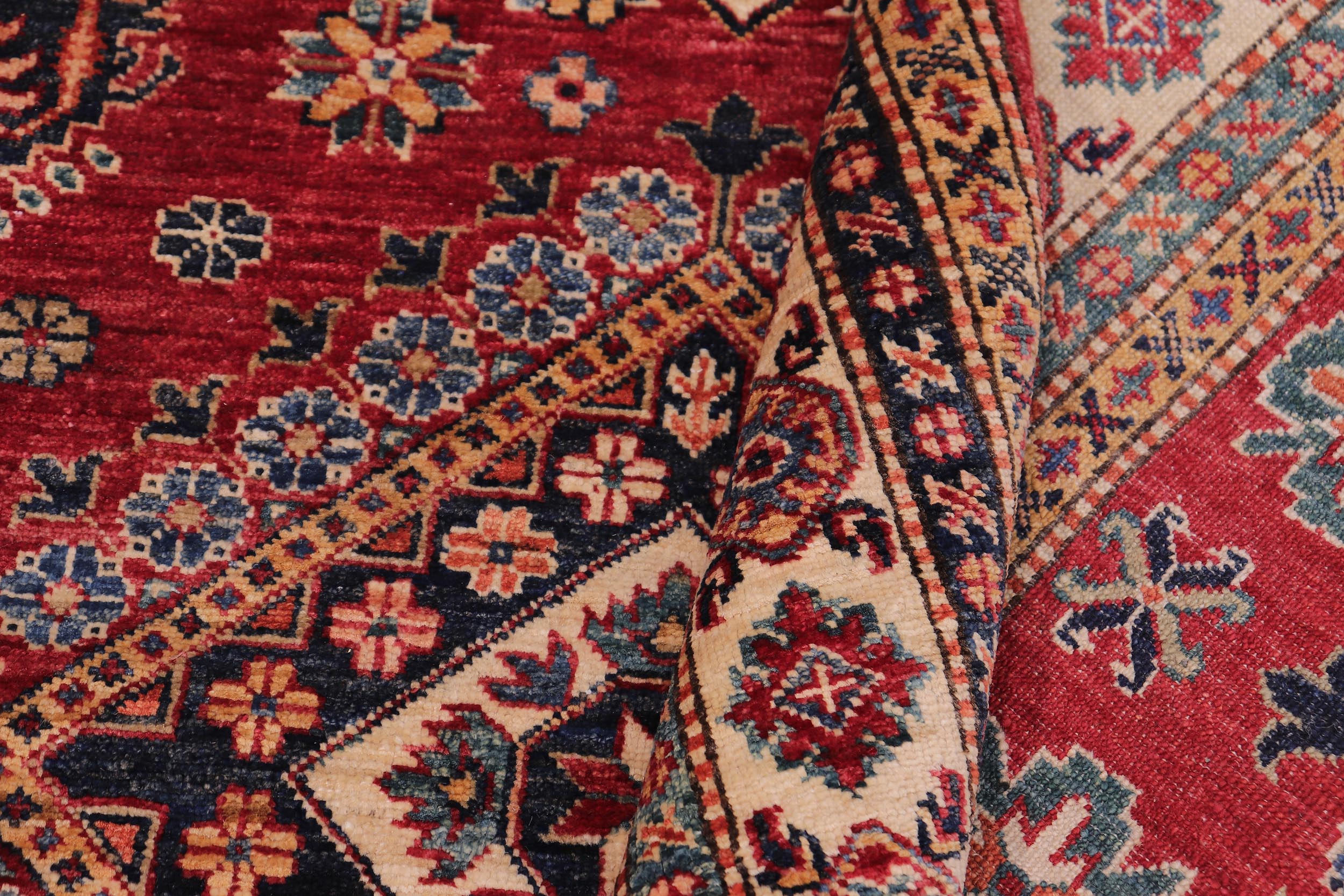 handmade Geometric Super Kazak Red Beige Hand Knotted RECTANGLE 100% WOOL area rug 5' x 7'