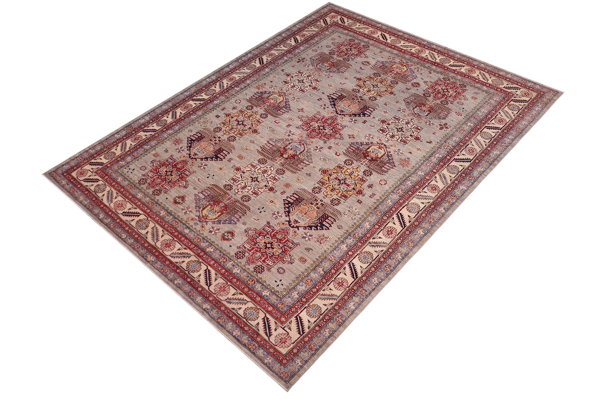 handmade Geometric Super Kazak Gray Beige Hand Knotted RECTANGLE 100% WOOL area rug 9' x 12'