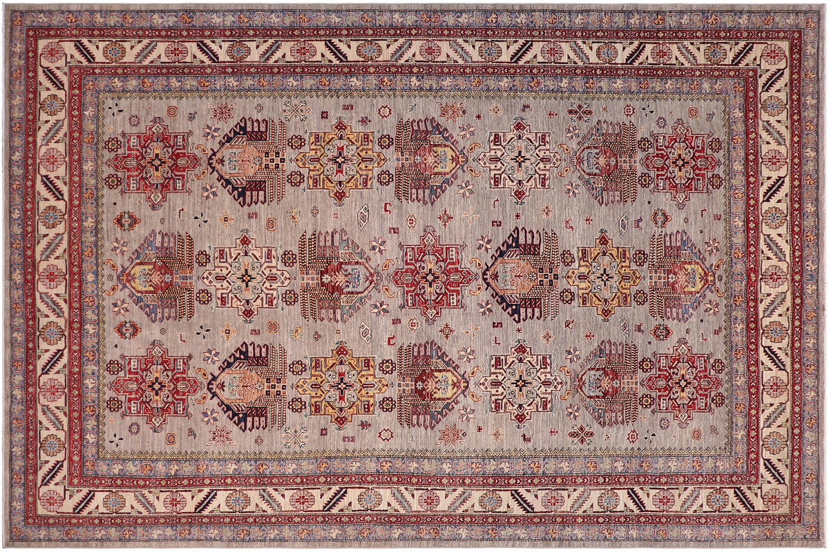 handmade Geometric Super Kazak Gray Beige Hand Knotted RECTANGLE 100% WOOL area rug 9' x 12'