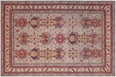 handmade Geometric Super Kazak Gray Beige Hand Knotted RECTANGLE 100% WOOL area rug 9' x 12'