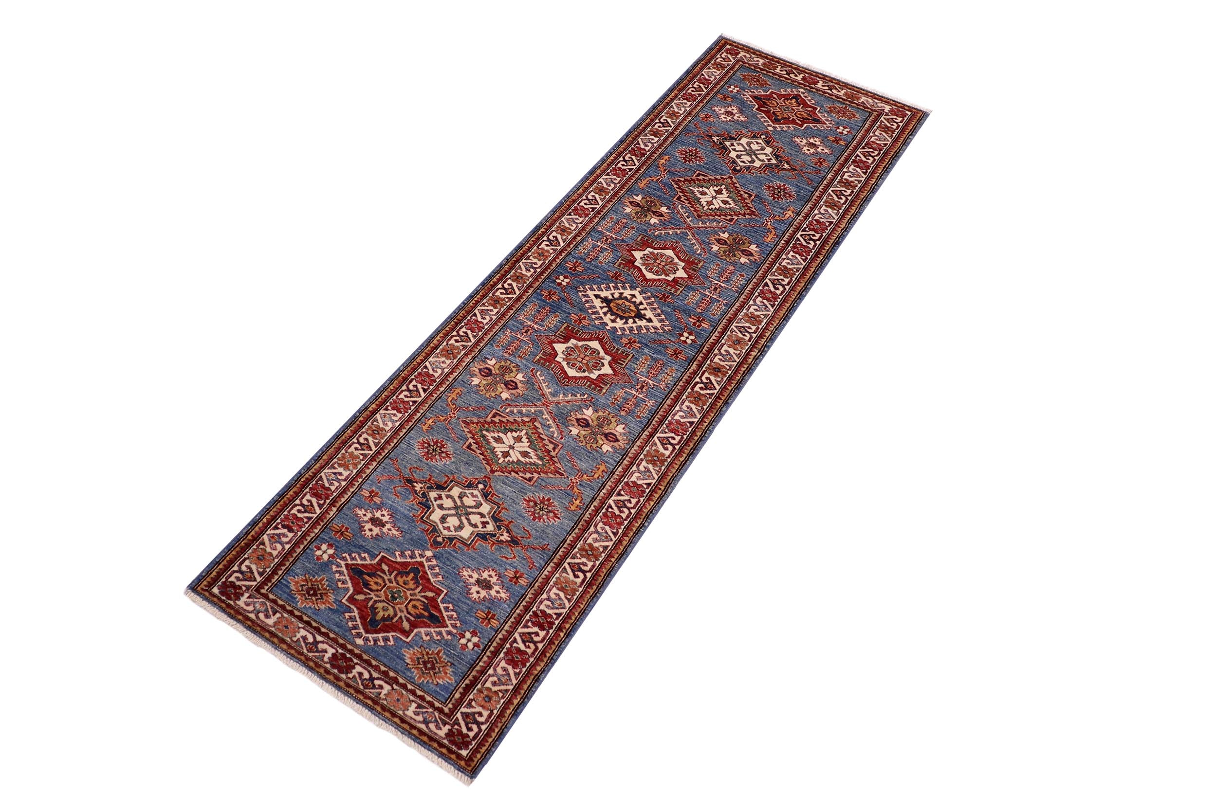 handmade Geometric Super Kazak Lt. Blue Beige Hand Knotted RUNNER 100% WOOL area rug 3' x 10'