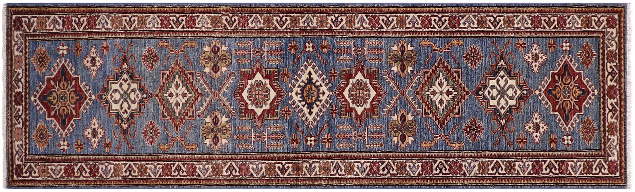 handmade Geometric Super Kazak Lt. Blue Beige Hand Knotted RUNNER 100% WOOL area rug 3' x 10'