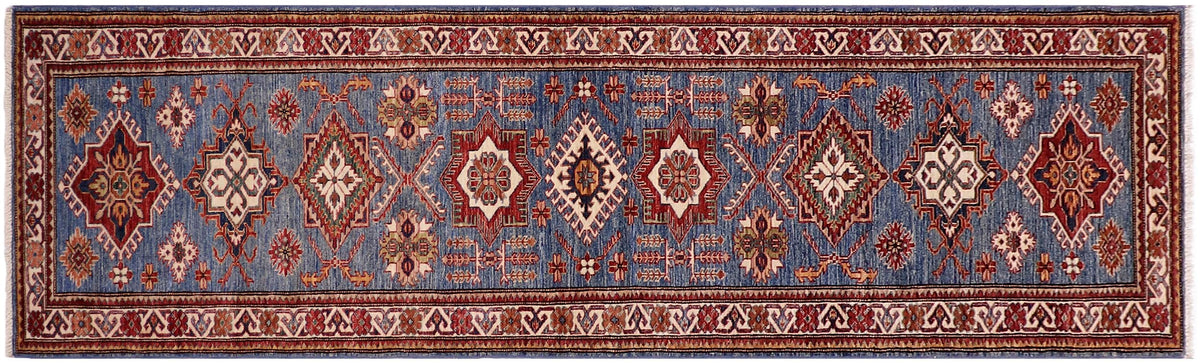 handmade Geometric Super Kazak Lt. Blue Beige Hand Knotted RUNNER 100% WOOL area rug 3' x 10'