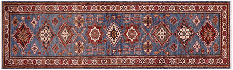 handmade Geometric Super Kazak Lt. Blue Beige Hand Knotted RUNNER 100% WOOL area rug 3' x 10'
