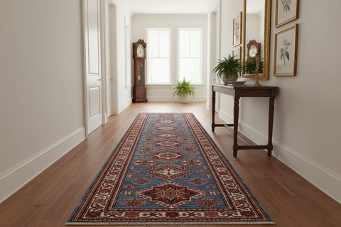 handmade Geometric Super Kazak Lt. Blue Beige Hand Knotted RUNNER 100% WOOL area rug 3' x 10'