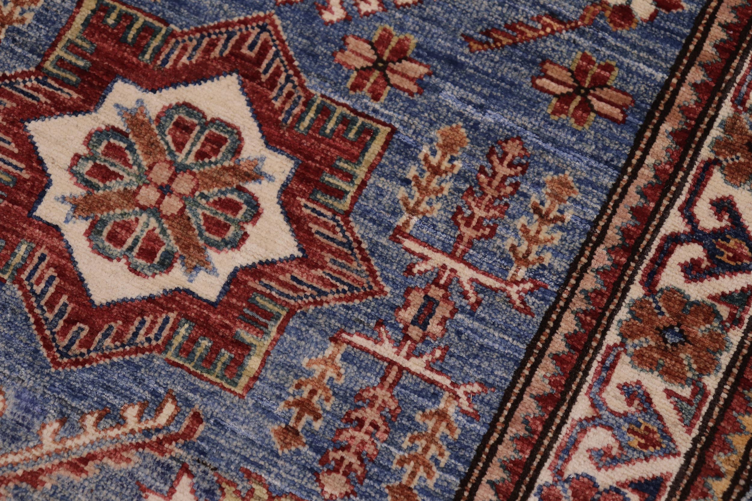 handmade Geometric Super Kazak Lt. Blue Beige Hand Knotted RUNNER 100% WOOL area rug 3' x 10'