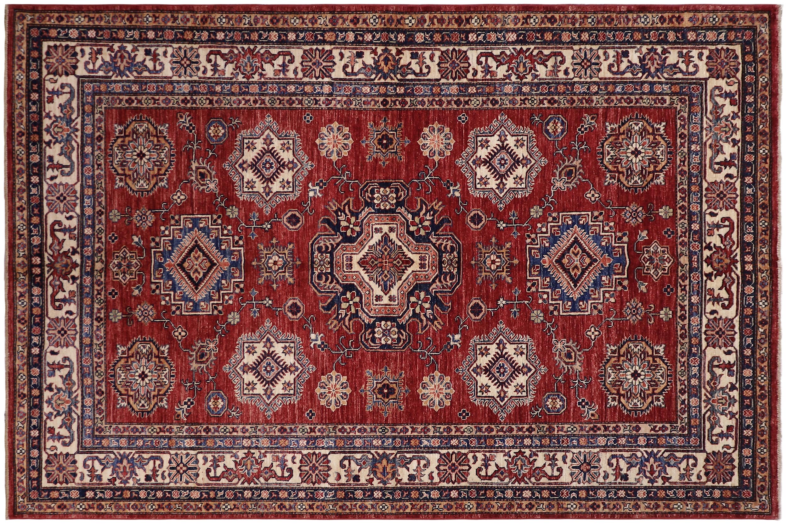handmade Geometric Super Kazak Red Beige Hand Knotted RECTANGLE 100% WOOL area rug 6' x 8'