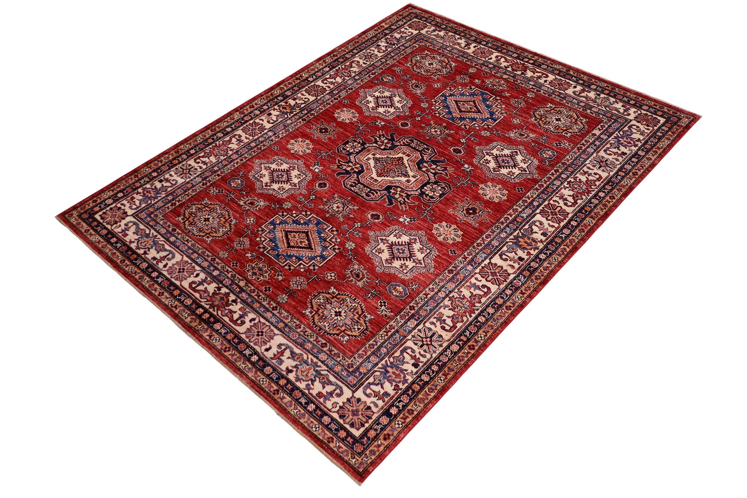handmade Geometric Super Kazak Red Beige Hand Knotted RECTANGLE 100% WOOL area rug 6' x 8'