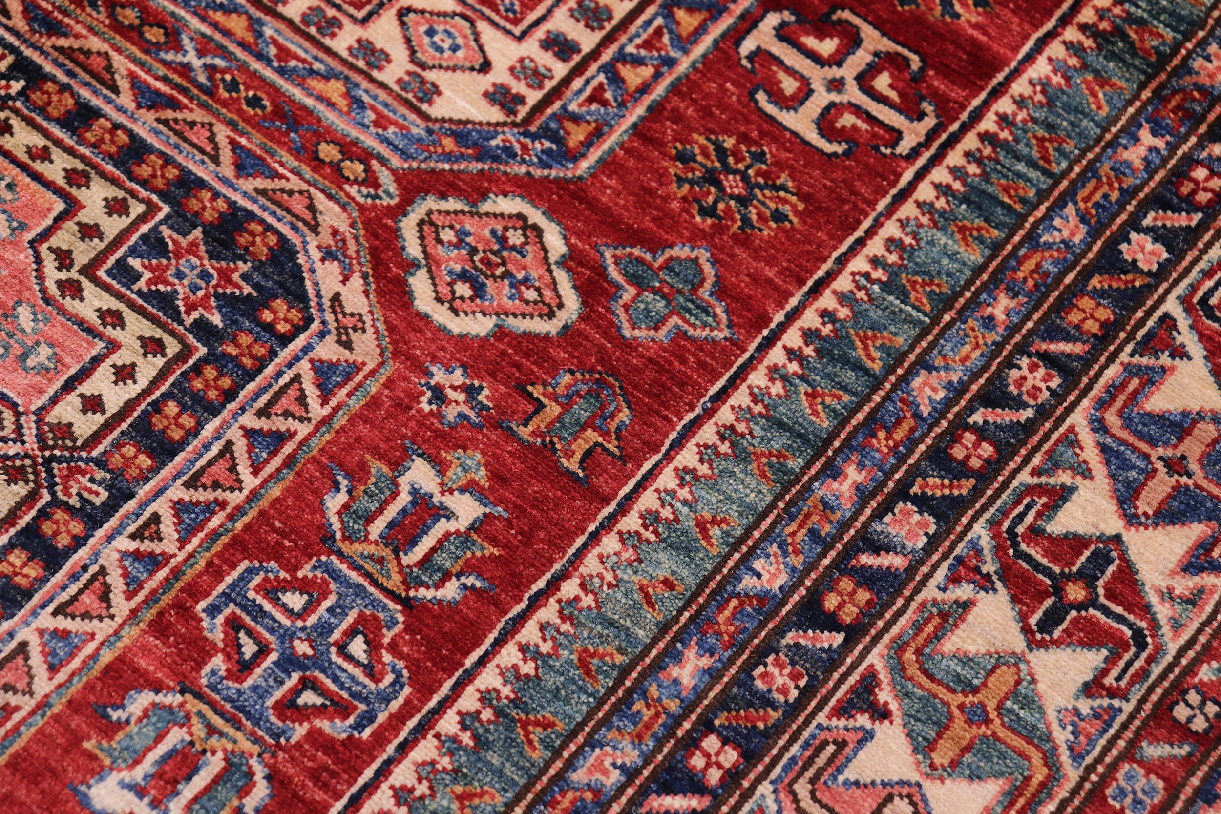 handmade Geometric Super Kazak Red Beige Hand Knotted RECTANGLE 100% WOOL area rug 5' x 7'