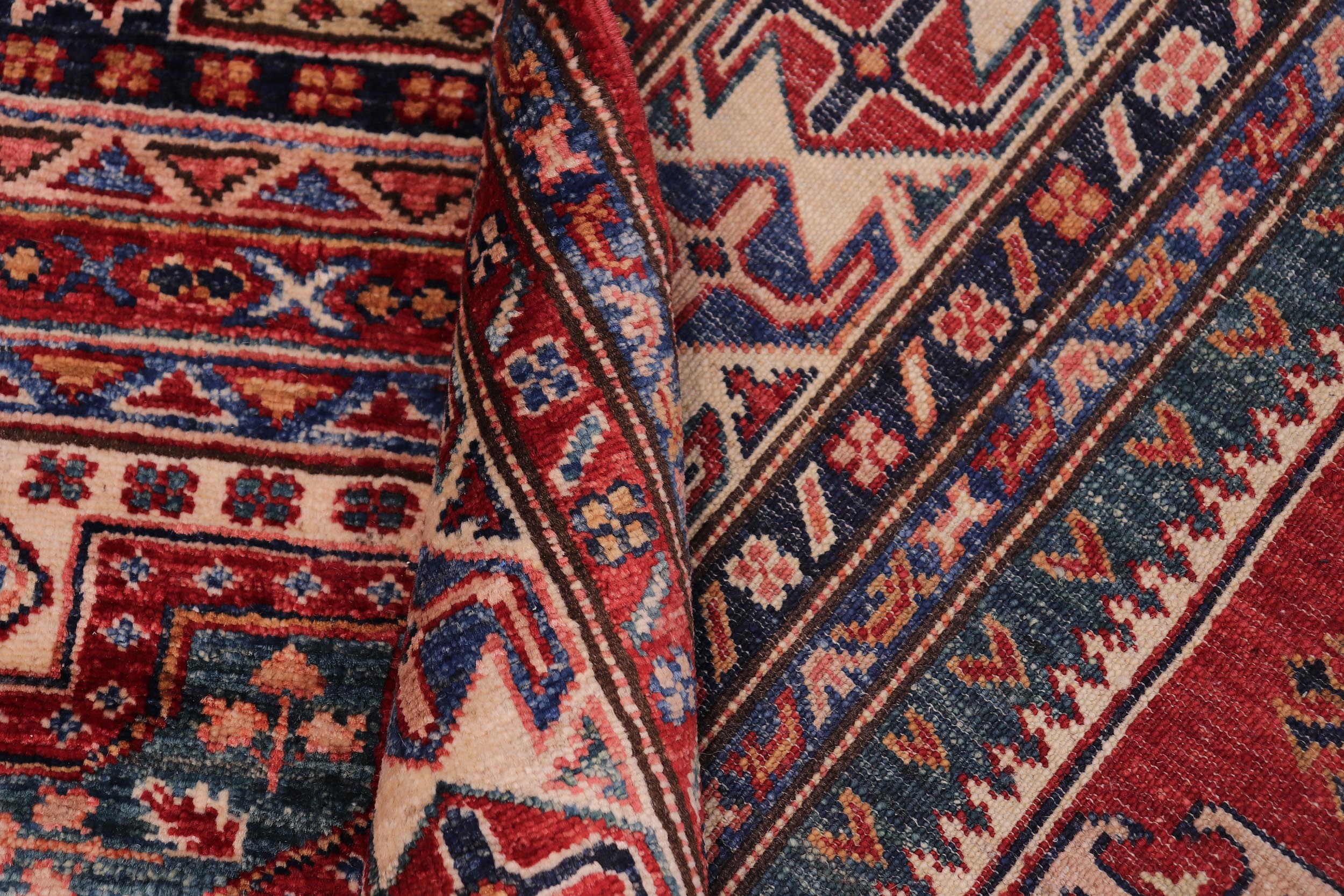 handmade Geometric Super Kazak Red Beige Hand Knotted RECTANGLE 100% WOOL area rug 5' x 7'