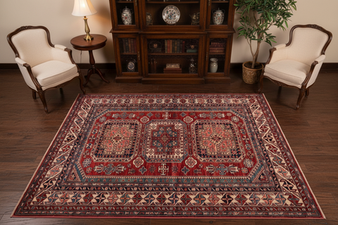 handmade Geometric Super Kazak Red Beige Hand Knotted RECTANGLE 100% WOOL area rug 5' x 7'