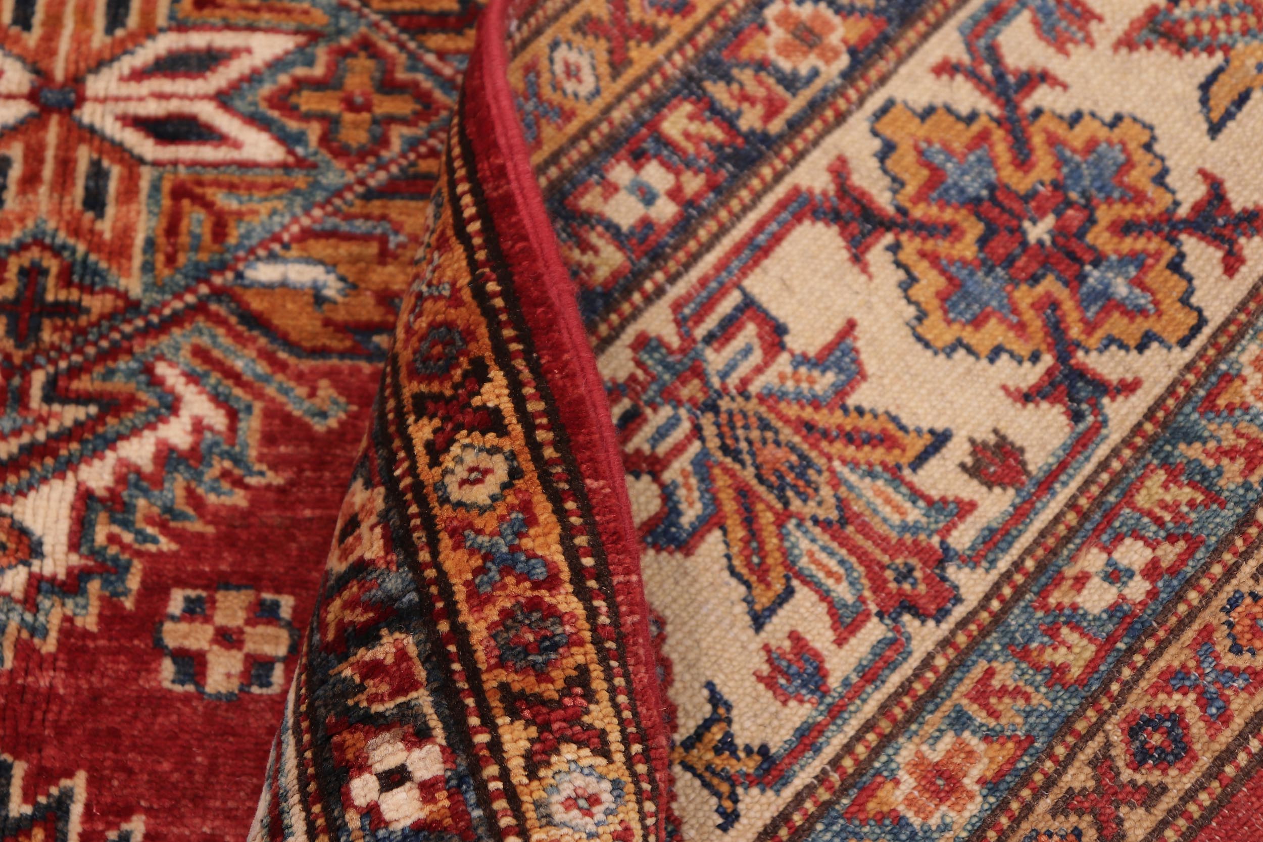 handmade Geometric Super Kazak Red Beige Hand Knotted RECTANGLE 100% WOOL area rug 5' x 6'