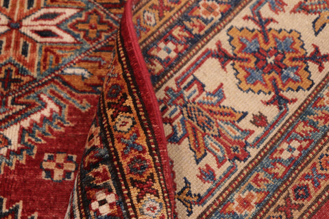 handmade Geometric Super Kazak Red Beige Hand Knotted RECTANGLE 100% WOOL area rug 5' x 6'