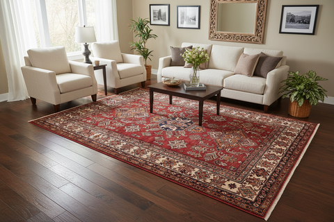 handmade Geometric Super Kazak Red Beige Hand Knotted RECTANGLE 100% WOOL area rug 5' x 6'