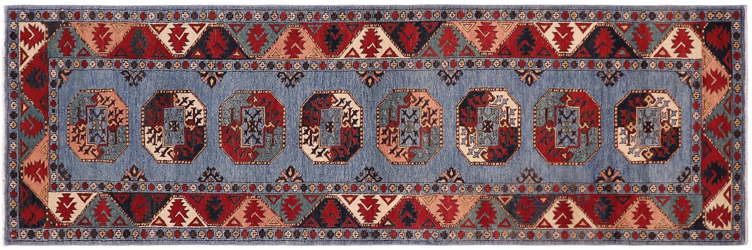 handmade Geometric Ersari Blue Multi Hand-made RUNNER 100% WOOL area rug 3' x 10'