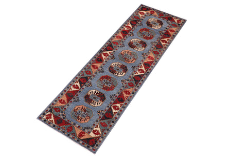 handmade Geometric Ersari Blue Multi Hand-made RUNNER 100% WOOL area rug 3' x 10'