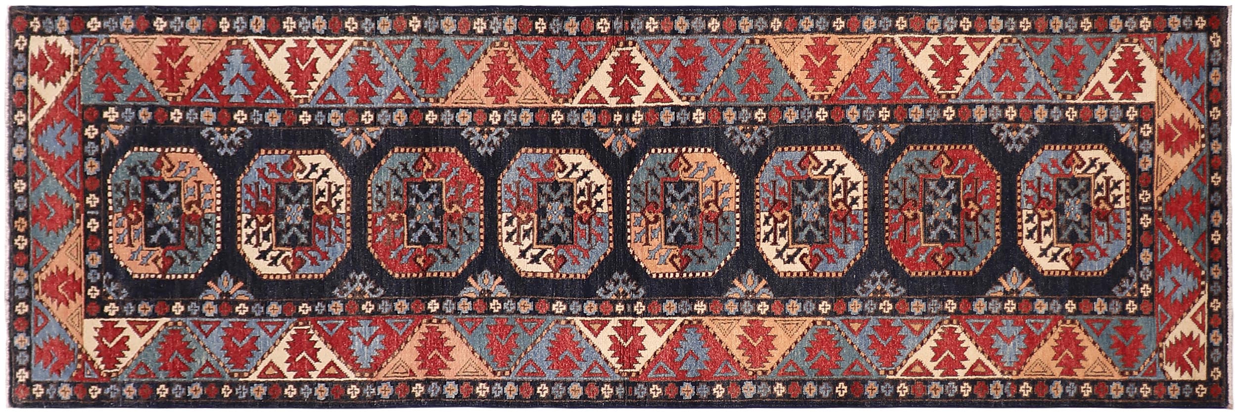 handmade Geometric Ersari Blue Multi Hand-made RUNNER 100% WOOL area rug 2'7" x 10'