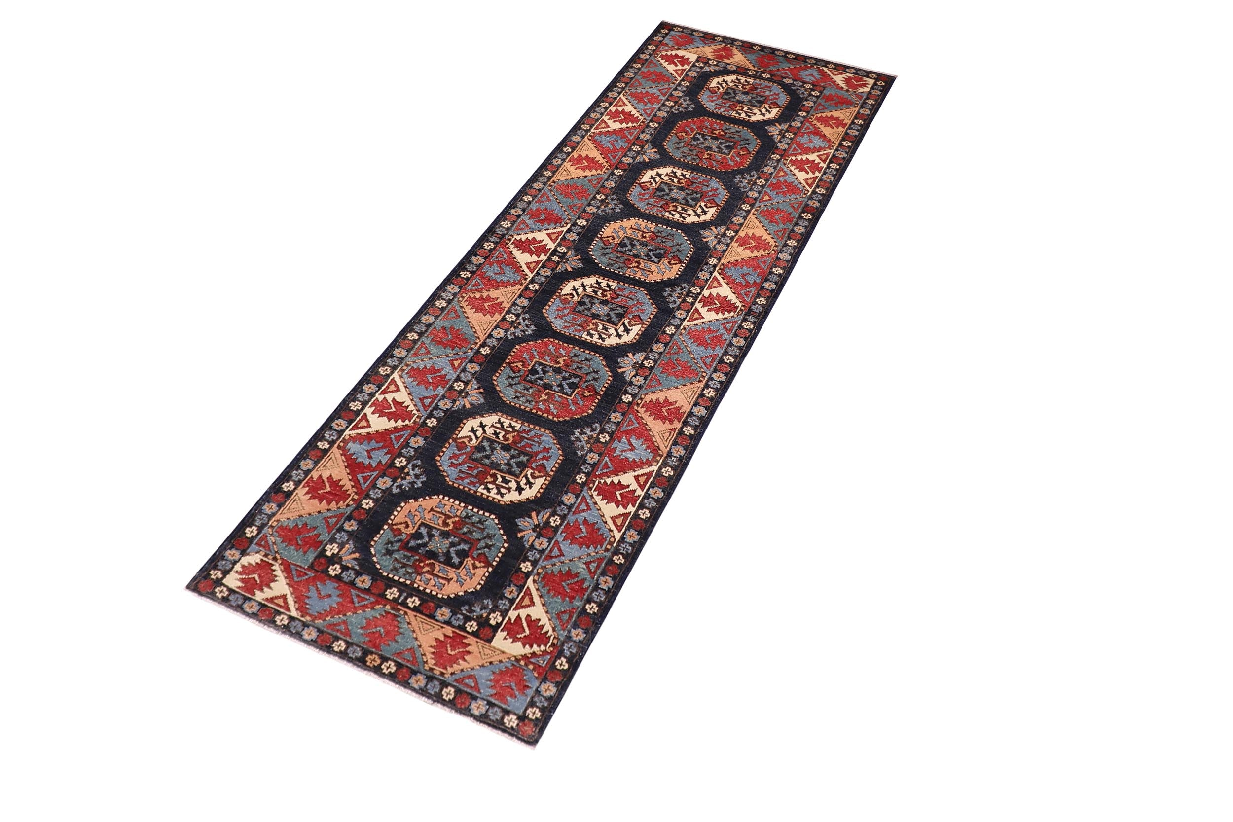 handmade Geometric Ersari Blue Multi Hand-made RUNNER 100% WOOL area rug 2'7" x 10'