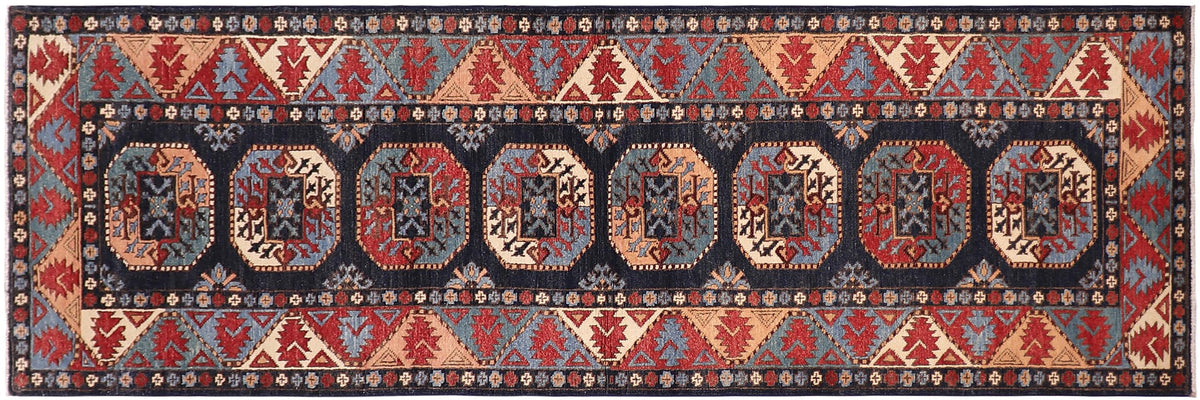 handmade Geometric Ersari Blue Multi Hand-made RUNNER 100% WOOL area rug 2'7" x 10'