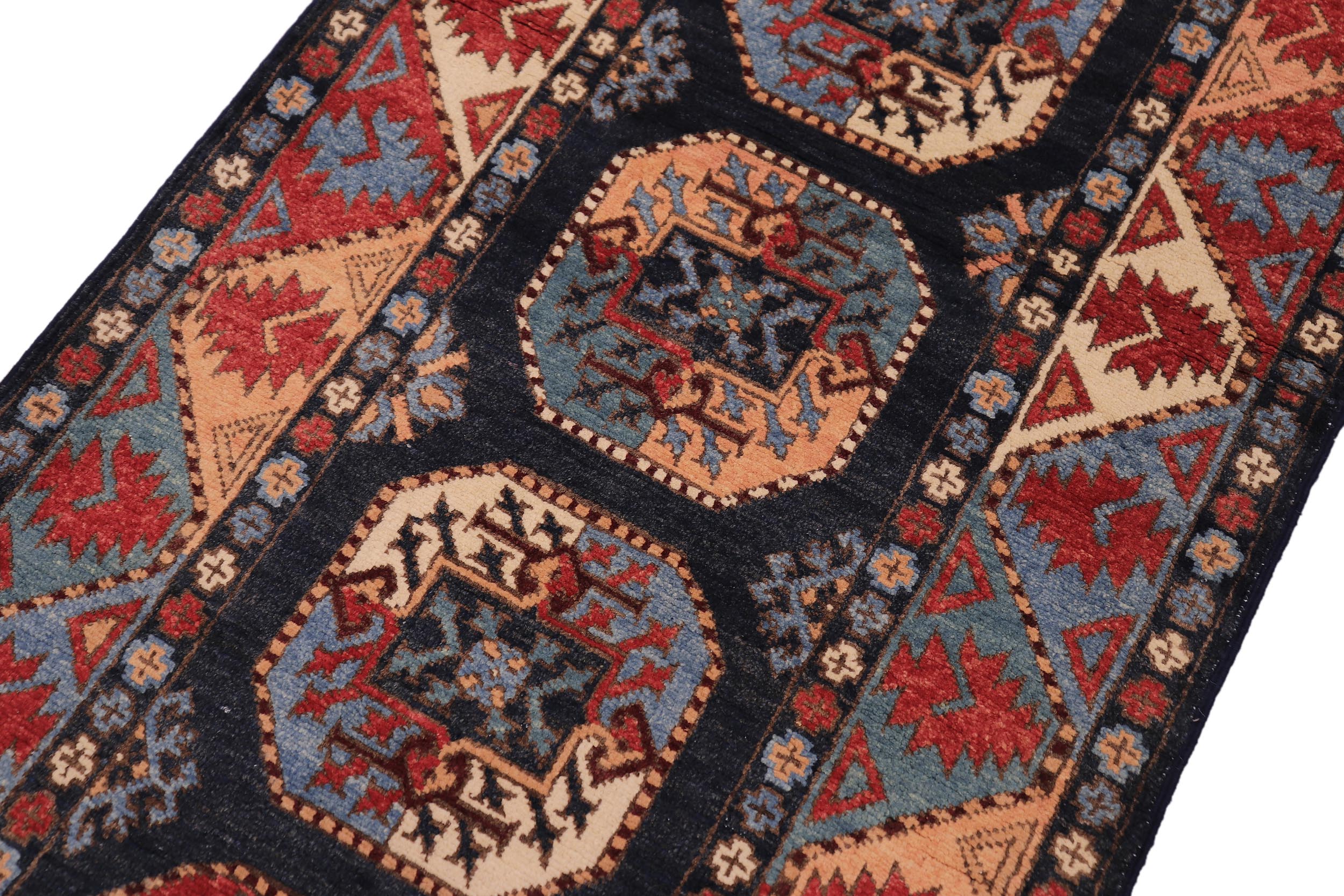 handmade Geometric Ersari Blue Multi Hand-made RUNNER 100% WOOL area rug 2'7" x 10'