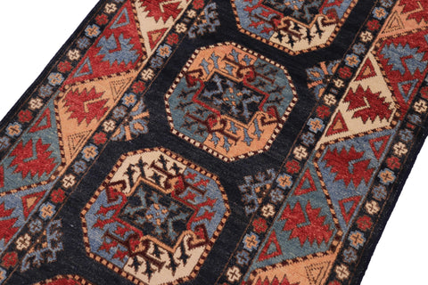 handmade Geometric Ersari Blue Multi Hand-made RUNNER 100% WOOL area rug 2'7" x 10'