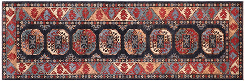 handmade Geometric Ersari Blue Multi Hand-made RUNNER 100% WOOL area rug 2'7" x 10'