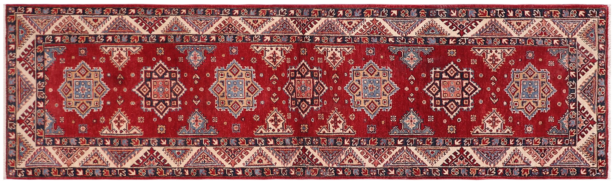 handmade Geometric kazak Red Beige Hand-made RUNNER 100% WOOL area rug 3x10