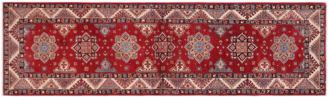 handmade Geometric kazak Red Beige Hand-made RUNNER 100% WOOL area rug 3x10