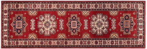 handmade Geometric Super Kazak Red Beige Hand Knotted RUNNER 100% WOOL area rug 3' x 10'