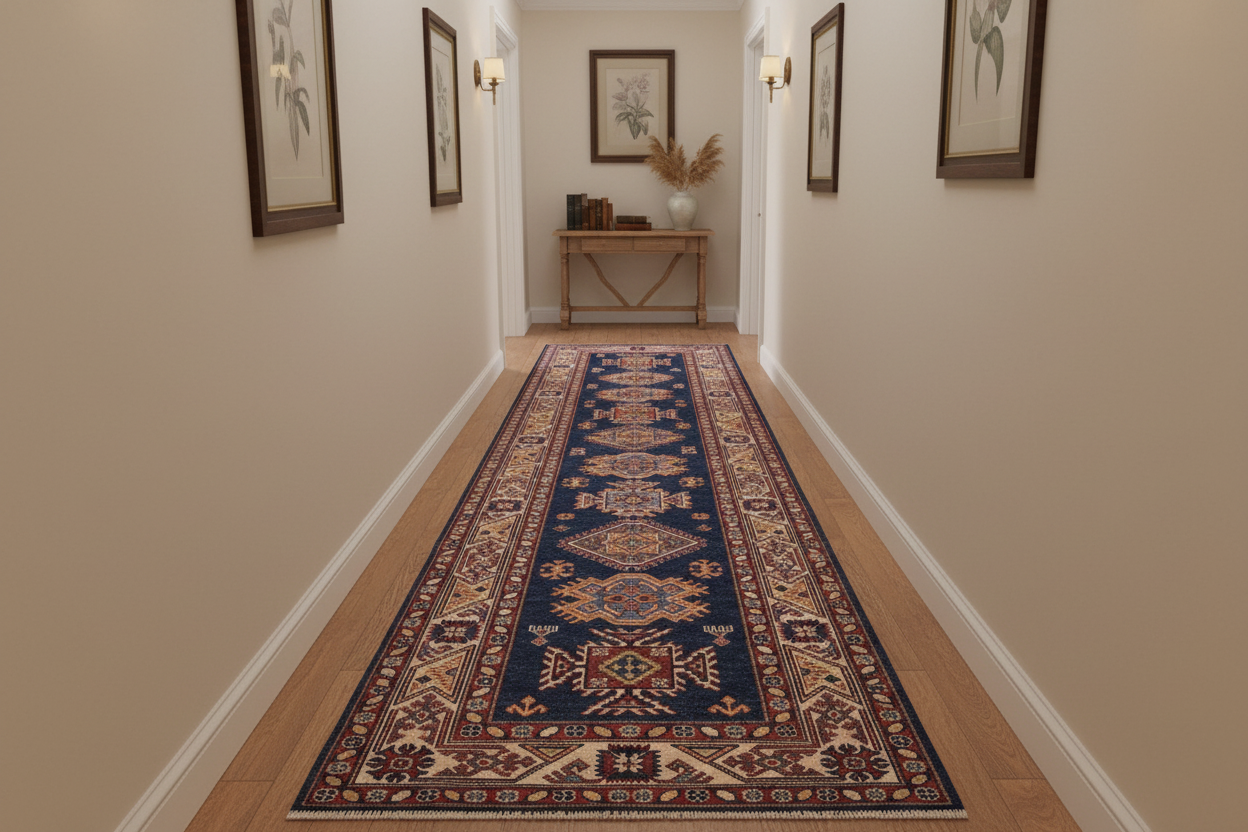 handmade Geometric Super Kazak Blue Beige Hand Knotted RUNNER 100% WOOL area rug 3' x 10'