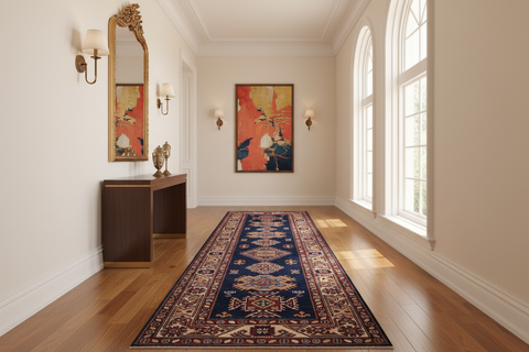 handmade Geometric Super Kazak Blue Beige Hand Knotted RUNNER 100% WOOL area rug 3' x 10'