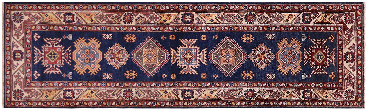 handmade Geometric Super Kazak Blue Beige Hand Knotted RUNNER 100% WOOL area rug 3' x 10'