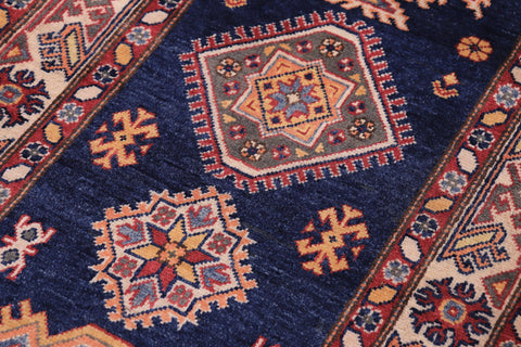 handmade Geometric Super Kazak Blue Beige Hand Knotted RUNNER 100% WOOL area rug 3' x 10'