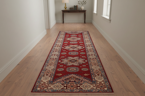 handmade Geometric Super Kazak Red Beige Hand Knotted RUNNER 100% WOOL area rug 3' x 10'