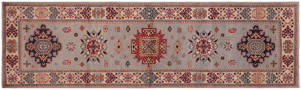 handmade Geometric Super Kazak Lt. Gray Beige Hand Knotted RUNNER 100% WOOL area rug 3' x 10'